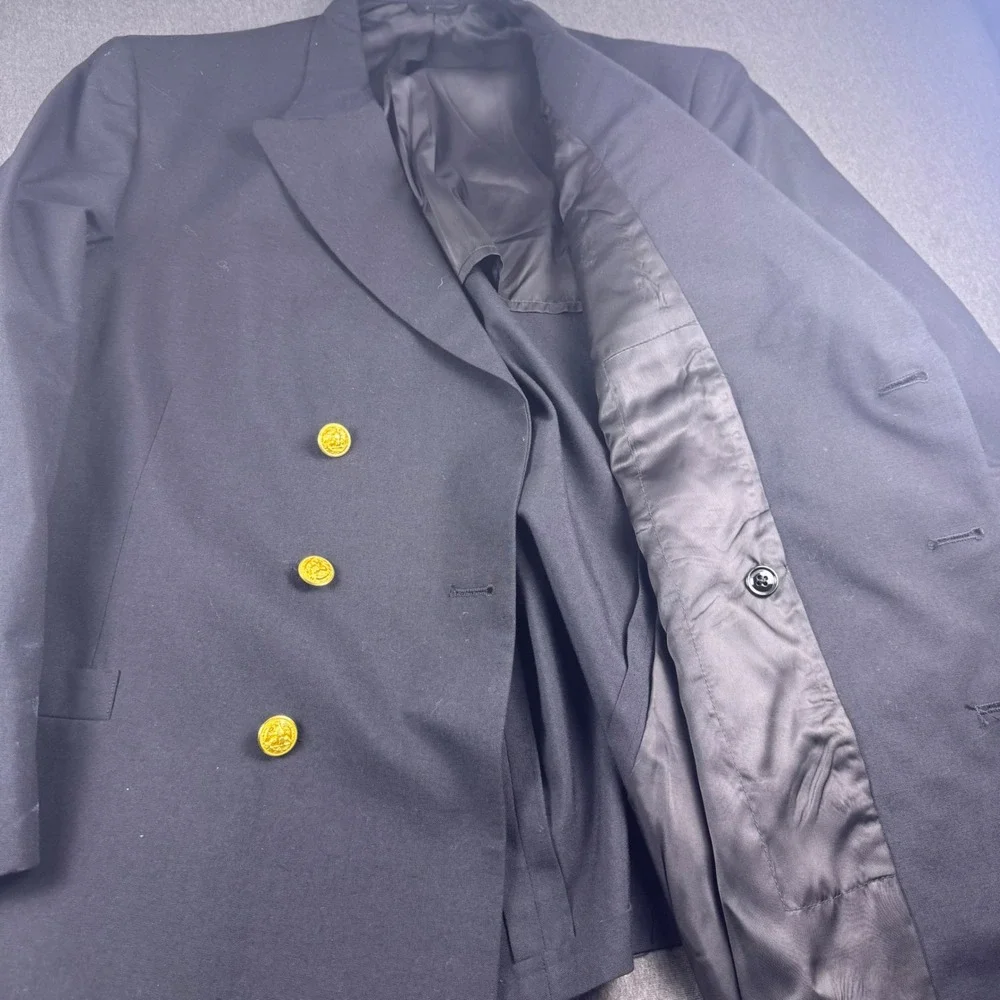 Vintage Mens Navy Blue Double Breasted Blazer Gold Eagle‎ Crest Buttons Nautical